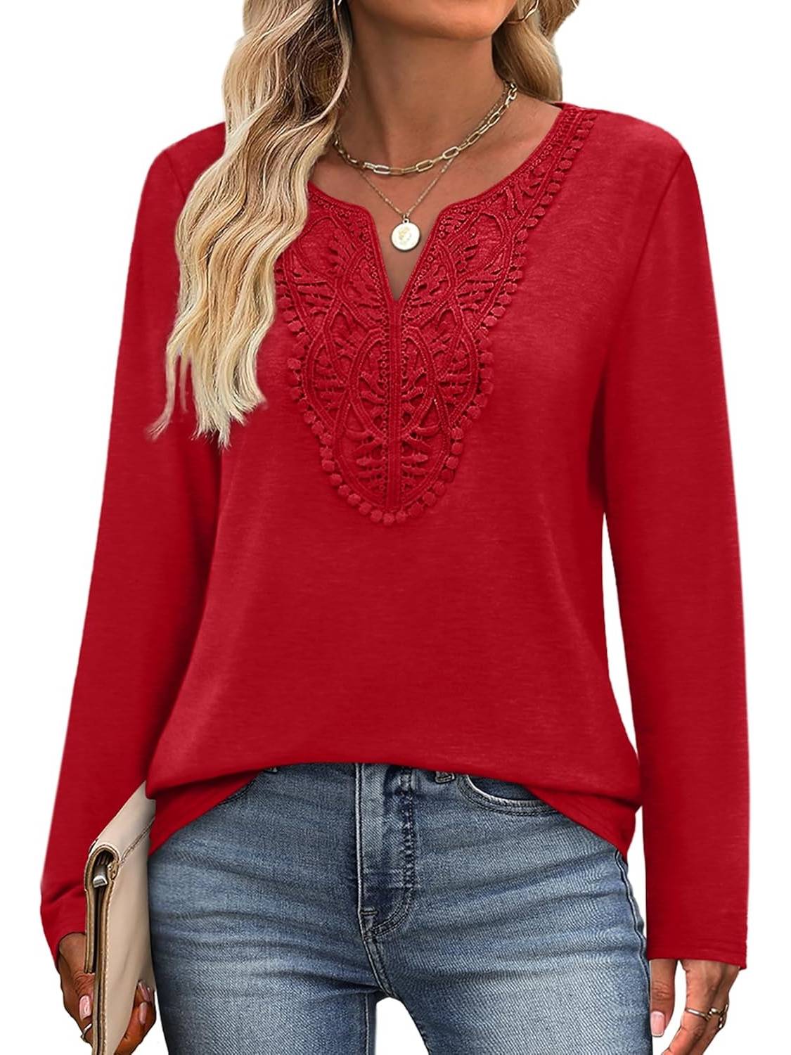 ✨Women Dressy Casual Lace V Neck Long Sleeve Shirts Blouses (Buy 3 Free Shipping)