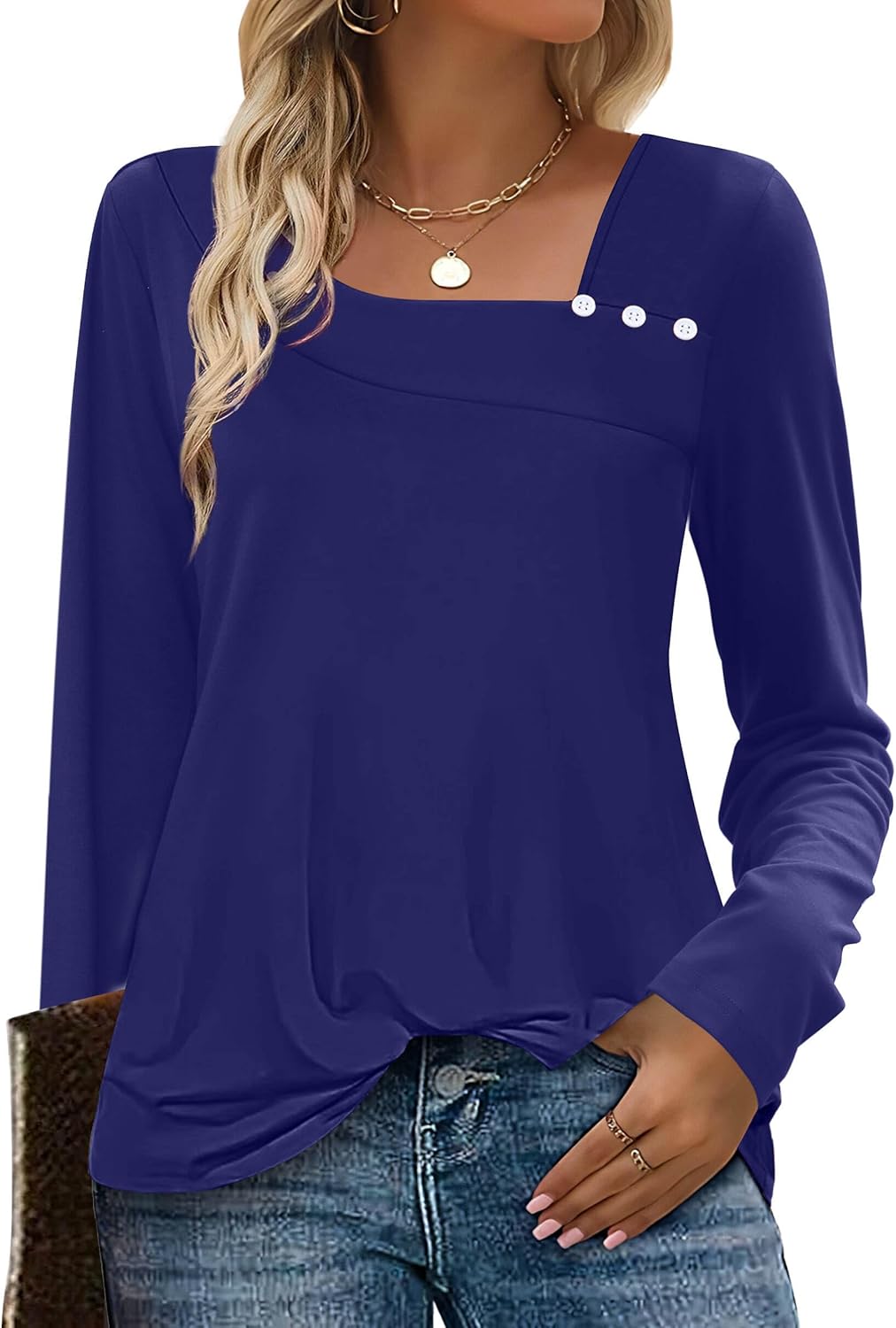 Long Sleeve Shirts for Women Fall Clothes Asymmetric Square Neck Tunic Tops Decorative Buttons