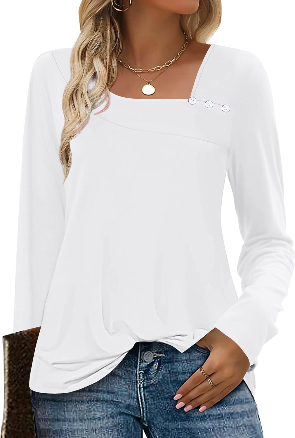 Long Sleeve Shirts for Women Fall Clothes Asymmetric Square Neck Tunic Tops Decorative Buttons
