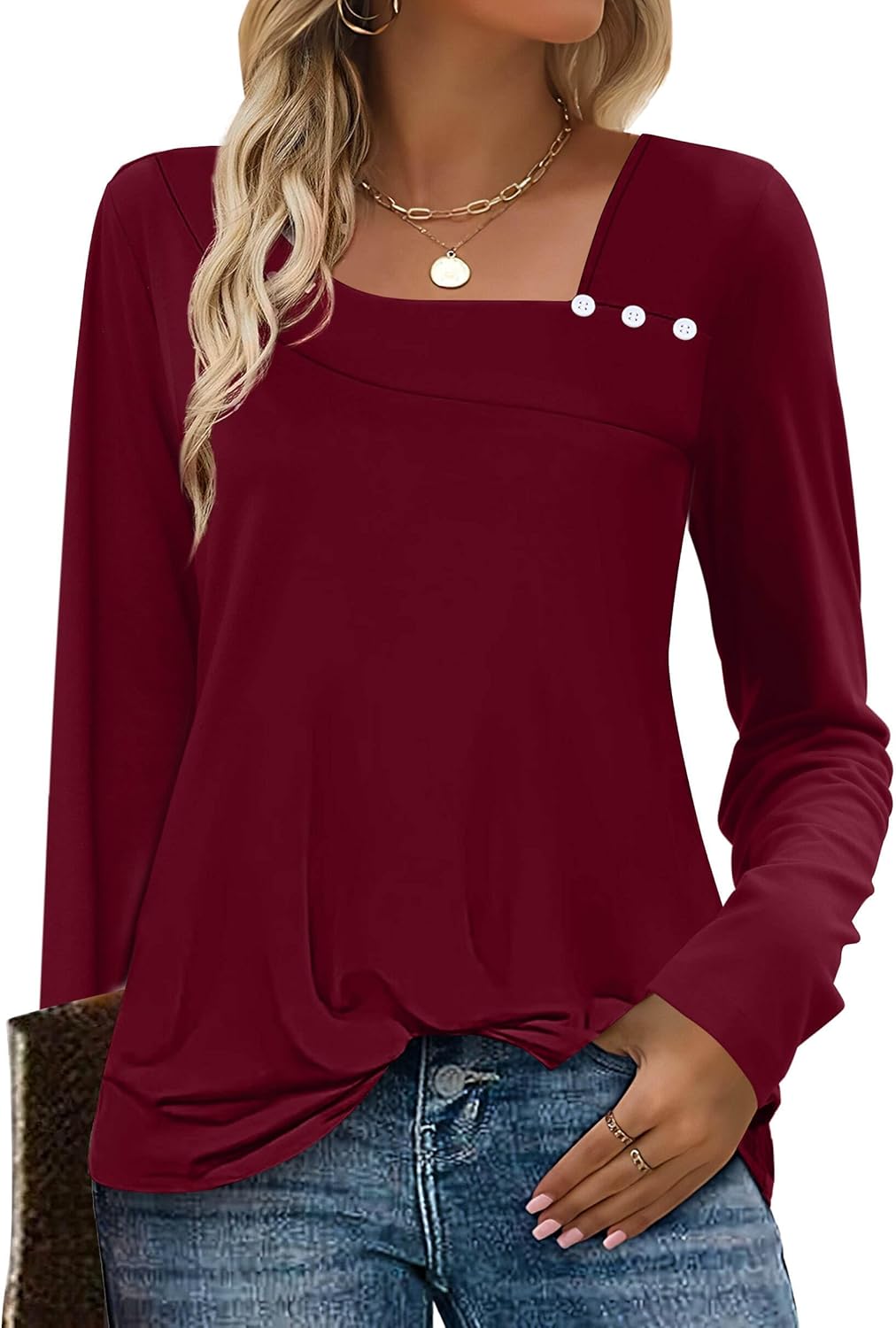 Long Sleeve Shirts for Women Fall Clothes Asymmetric Square Neck Tunic Tops Decorative Buttons