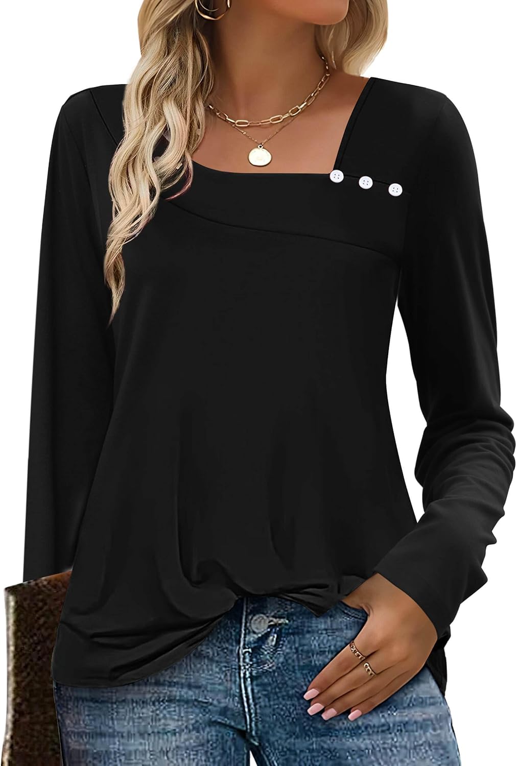 Long Sleeve Shirts for Women Fall Clothes Asymmetric Square Neck Tunic Tops Decorative Buttons