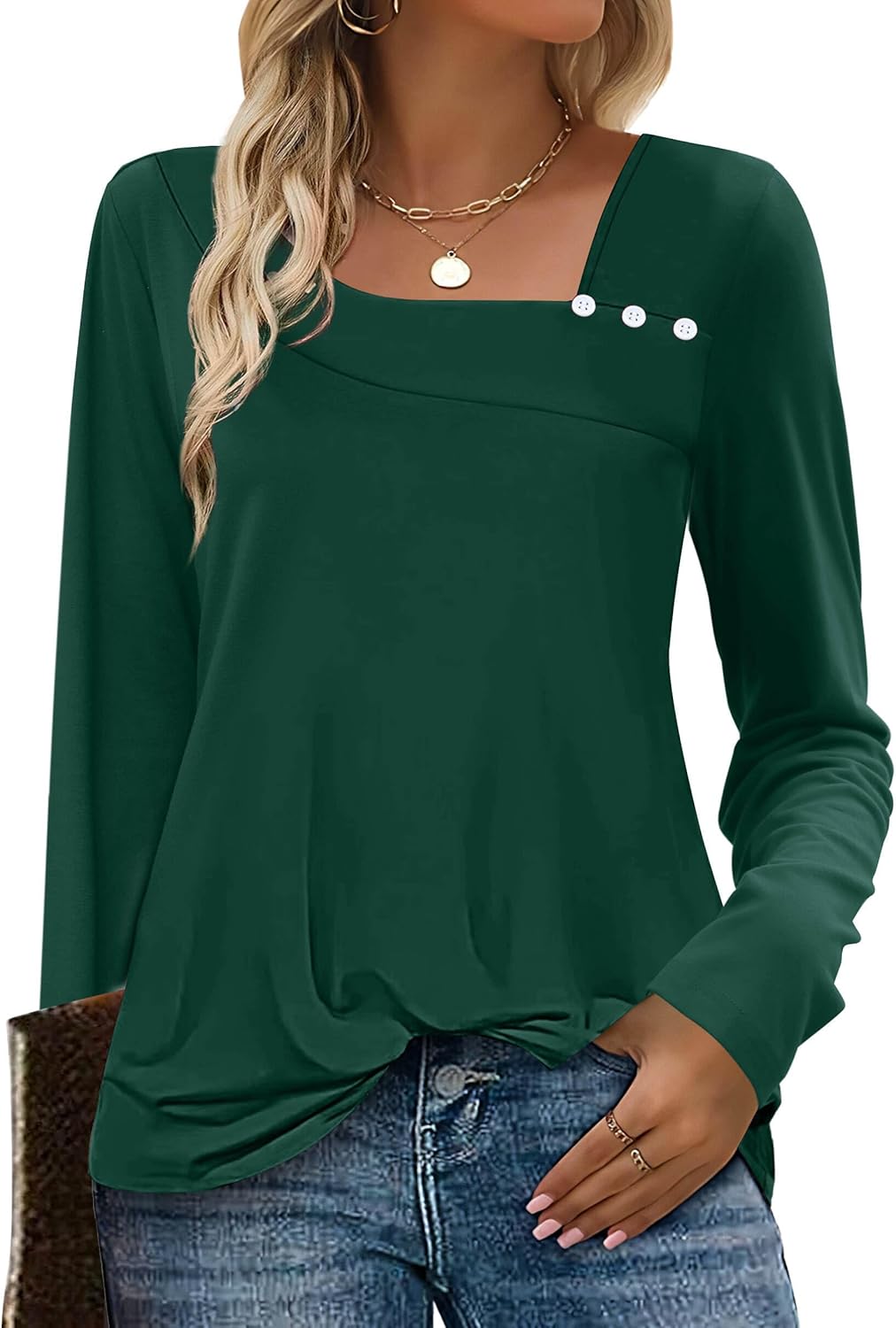 Long Sleeve Shirts for Women Fall Clothes Asymmetric Square Neck Tunic Tops Decorative Buttons