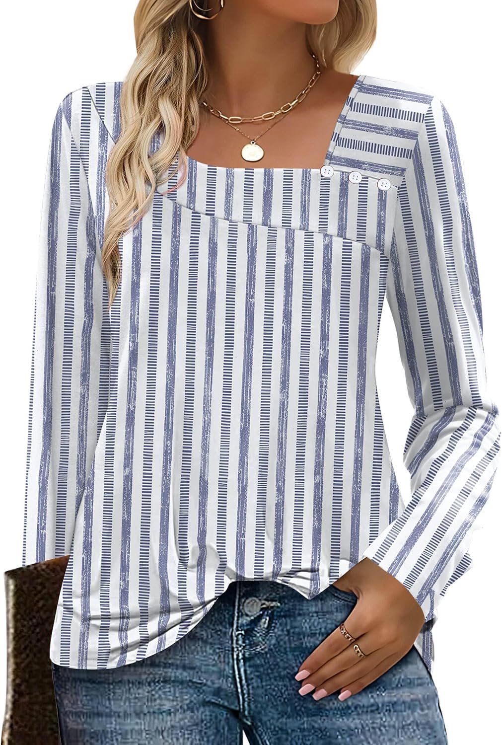 Long Sleeve Shirts for Women Fall Clothes Asymmetric Square Neck Tunic Tops Decorative Buttons