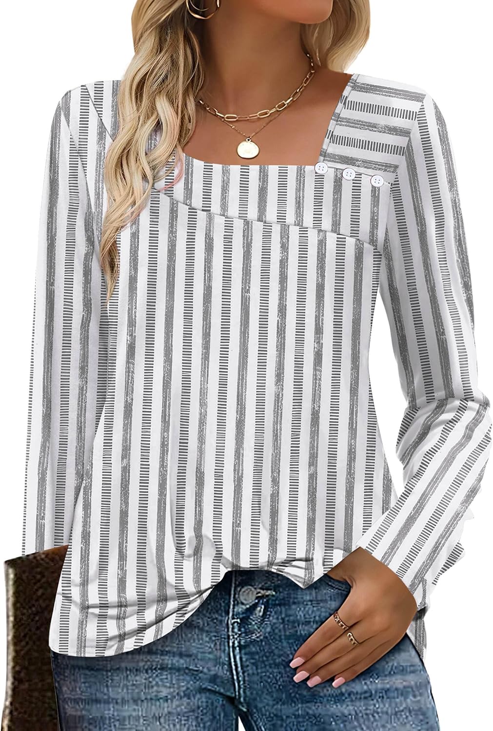 Long Sleeve Shirts for Women Fall Clothes Asymmetric Square Neck Tunic Tops Decorative Buttons