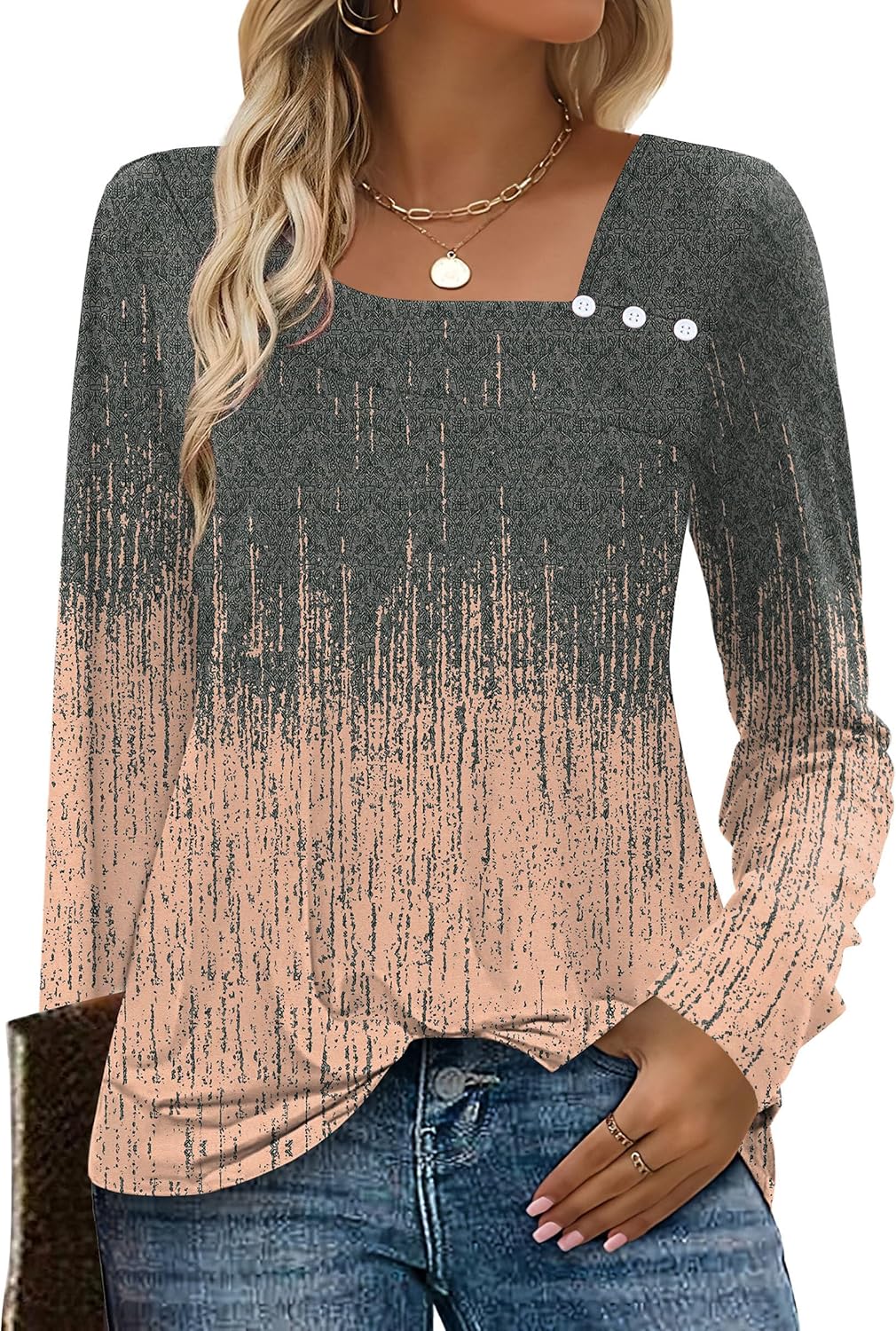 Long Sleeve Shirts for Women Fall Clothes Asymmetric Square Neck Tunic Tops Decorative Buttons