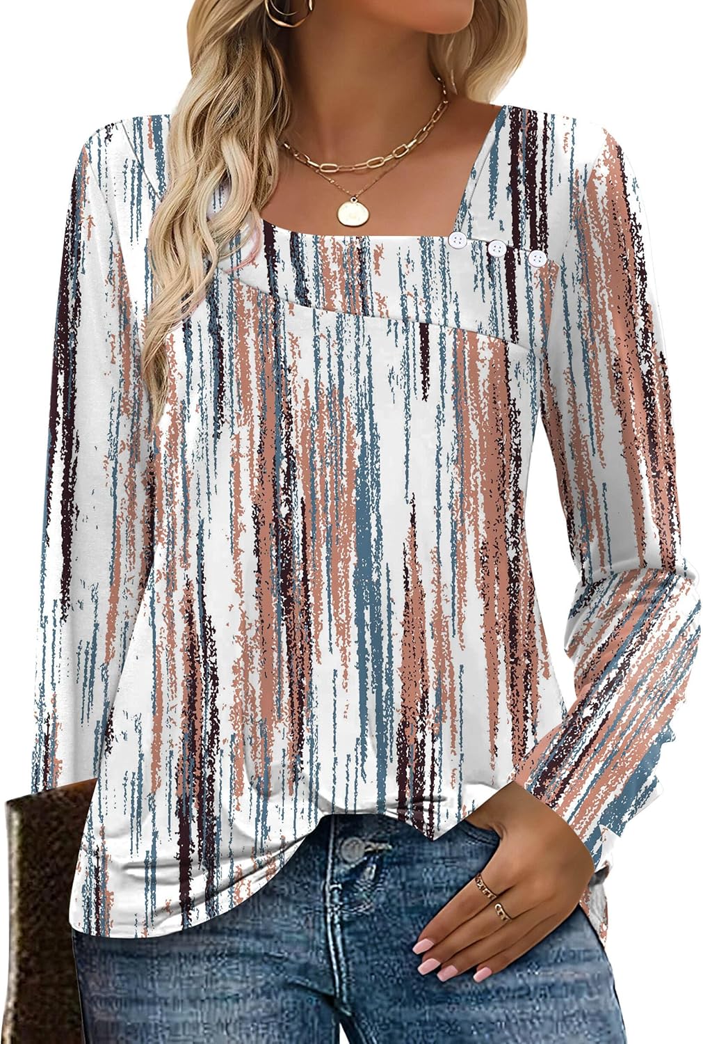 Long Sleeve Shirts for Women Fall Clothes Asymmetric Square Neck Tunic Tops Decorative Buttons