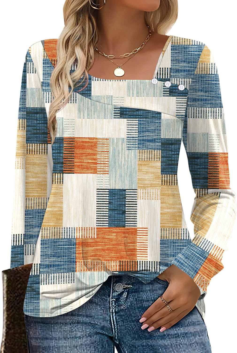 Long Sleeve Shirts for Women Fall Clothes Asymmetric Square Neck Tunic Tops Decorative Buttons